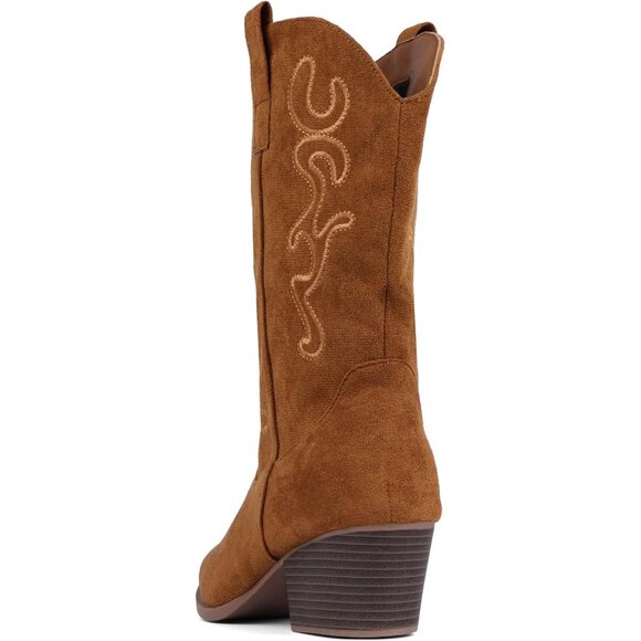 Women Brown Suede Mid Calf Chunky Block Heel Western Embroidered Fashion Boot - Picture 4 of 7